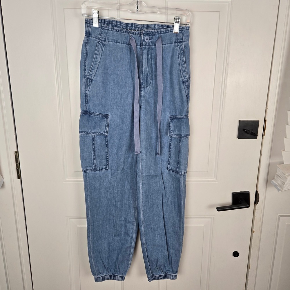 American Eagle Chambray Denim Cargo Joggers Pants 0 Short Drawstring Casual Blue
